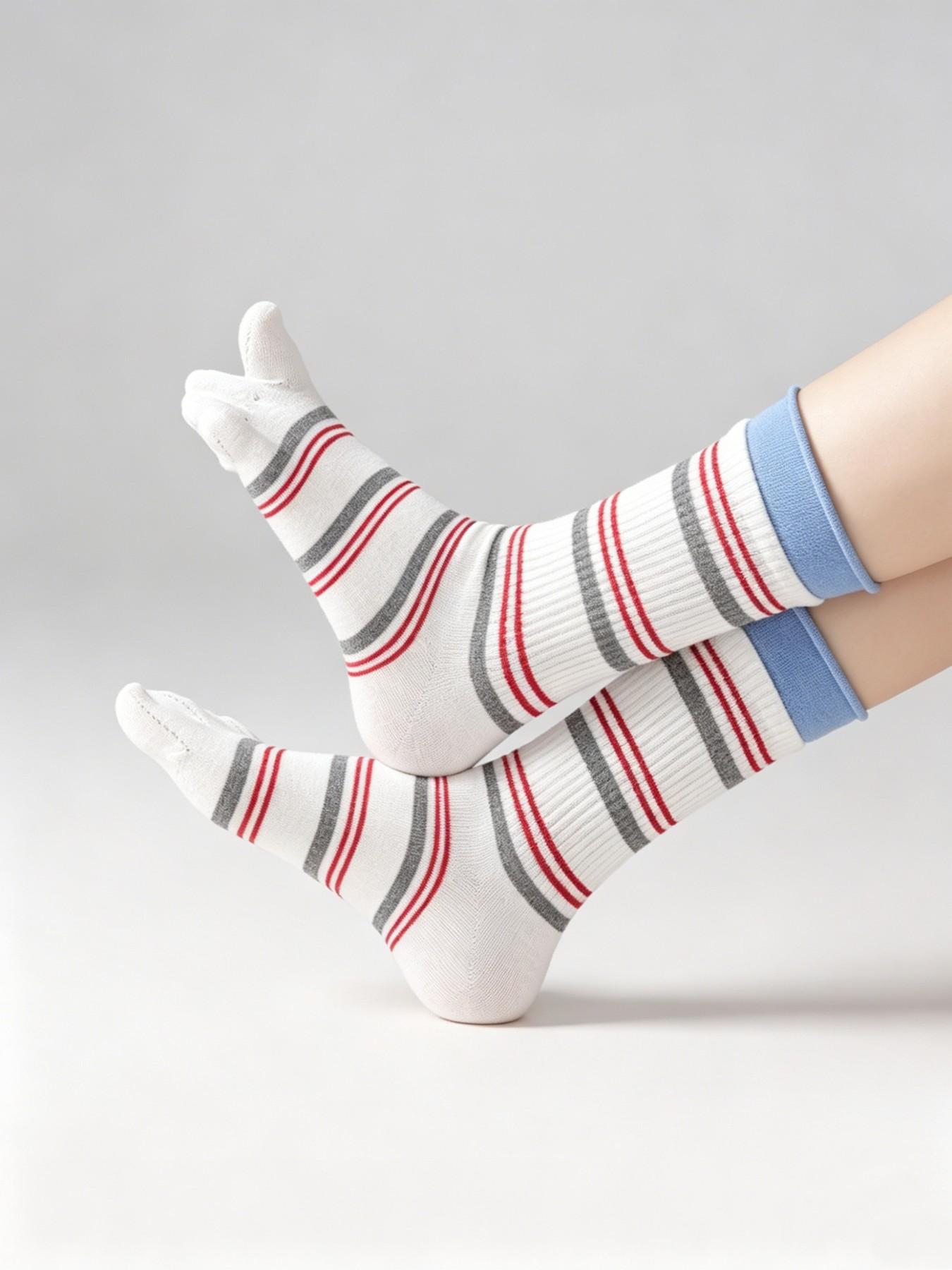 Women's Striped Five-Finger Socks, 3 Pairs Pack, Summer Comfortable Breathable High-Quality Cotton, Mid-Calf Socks for Women
