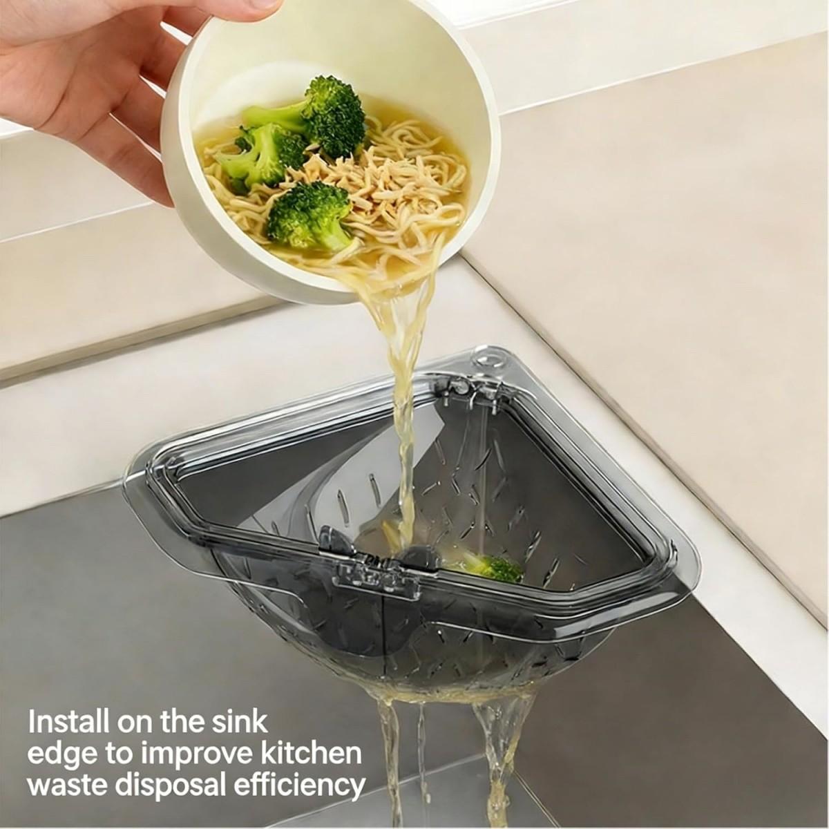 Magnetic Drain and Filter Basket, Durable Triangle Sink Strainer with Rotating Bottom, Kitchen Corner Rack, No Drilling Installation
