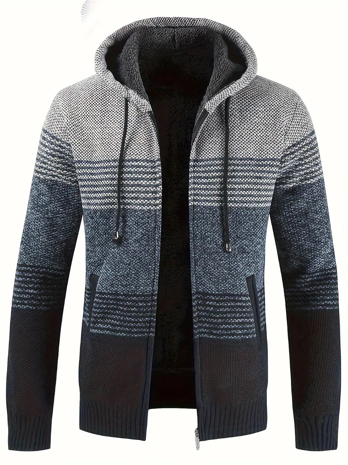 Men's new zipper hooded drawstring knitted cardigan long sleeve sweater, Drawstring Hooded Top, multi-color stripes splicing design, soft and comfortable, winter warm fabric, suitable for outdoor travel daily leisure