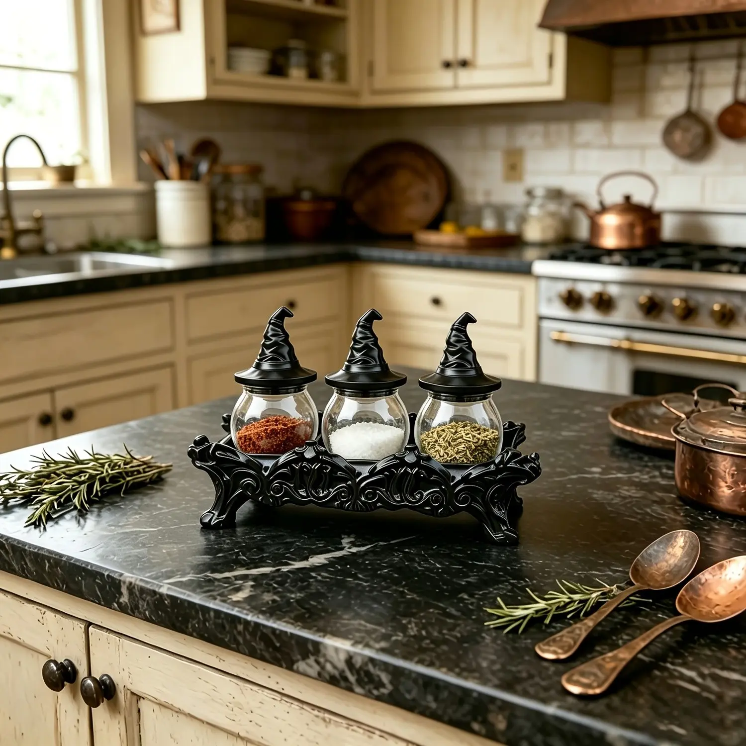 3 Piece Witch Hat Spice Jars, Spice Jar Set, Gothic Base, Handmade Vintage Glass, Unique Lid, Perfect for Kitchen Spices, Halloween Gift