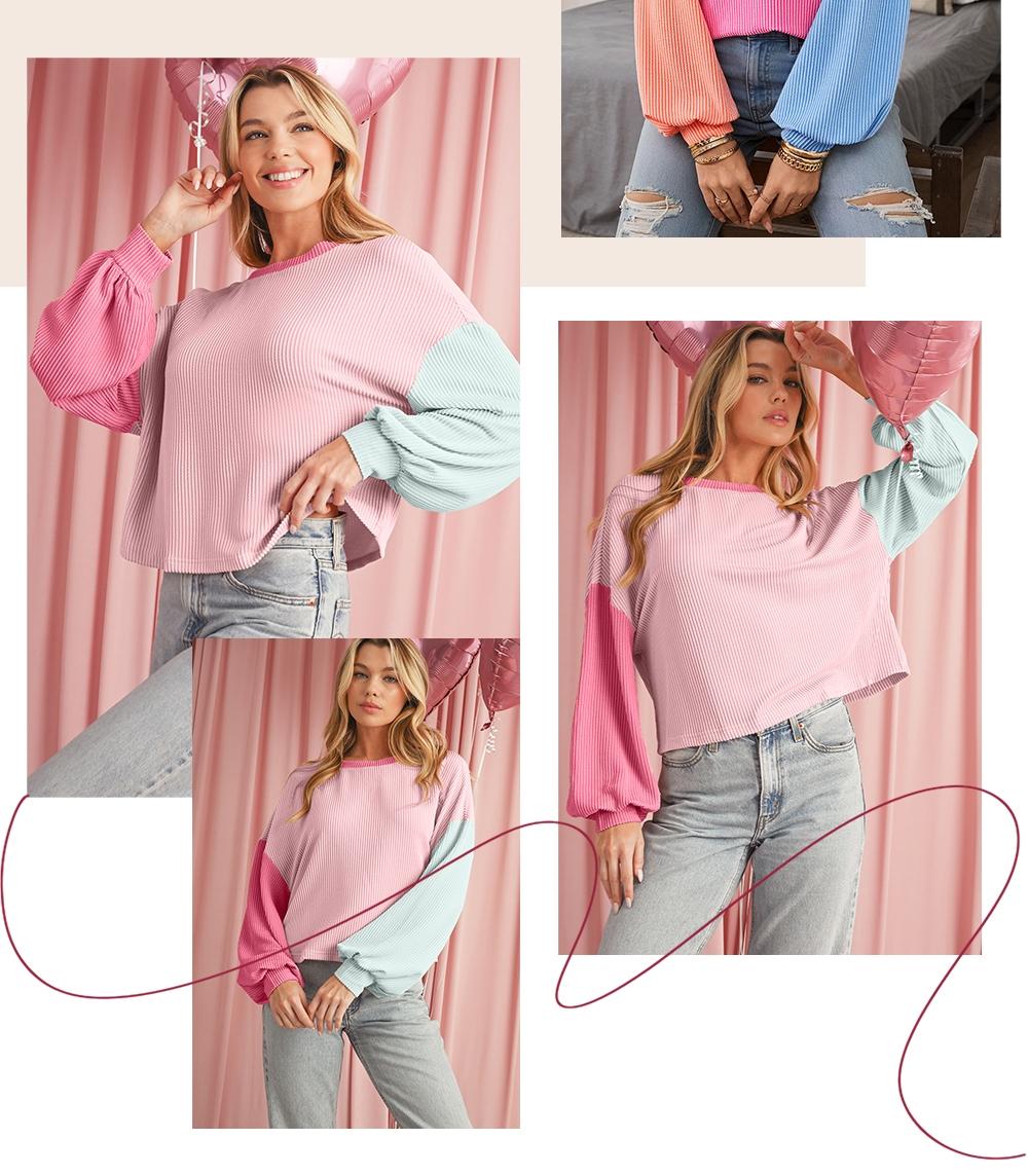 Women's Colorblock Twisted Ribbed Knit Dropped Shoulder Long Sleeve Cropped Sweatshirt, Casual Round Neck for Fall Winter, Ladies Daily Wear