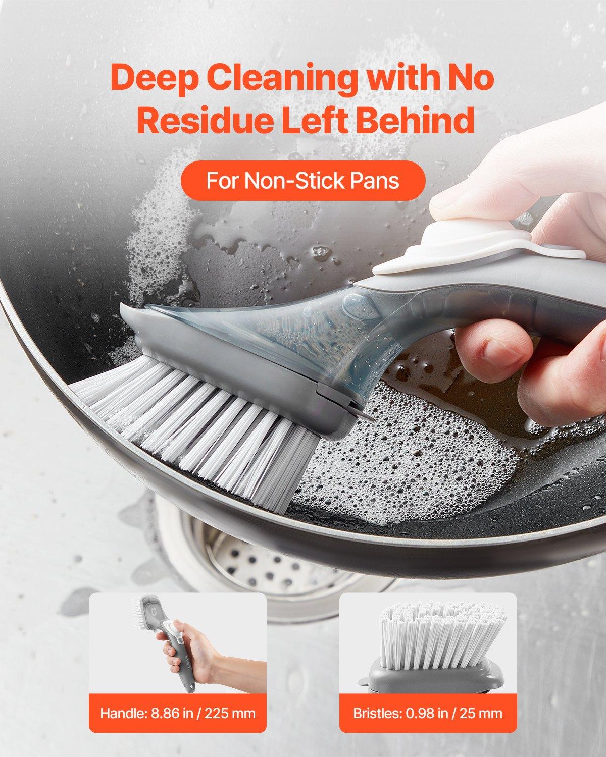 【Father's Day gift】VEVOR Soap Dispensing Dish Brush, Kitchen Scrub Brushes with 3 Brush Heads, Dish Cleaning Brushes with PP Handle and Curved Bristles, Ideal for Pots, Pans, Sink and Stove