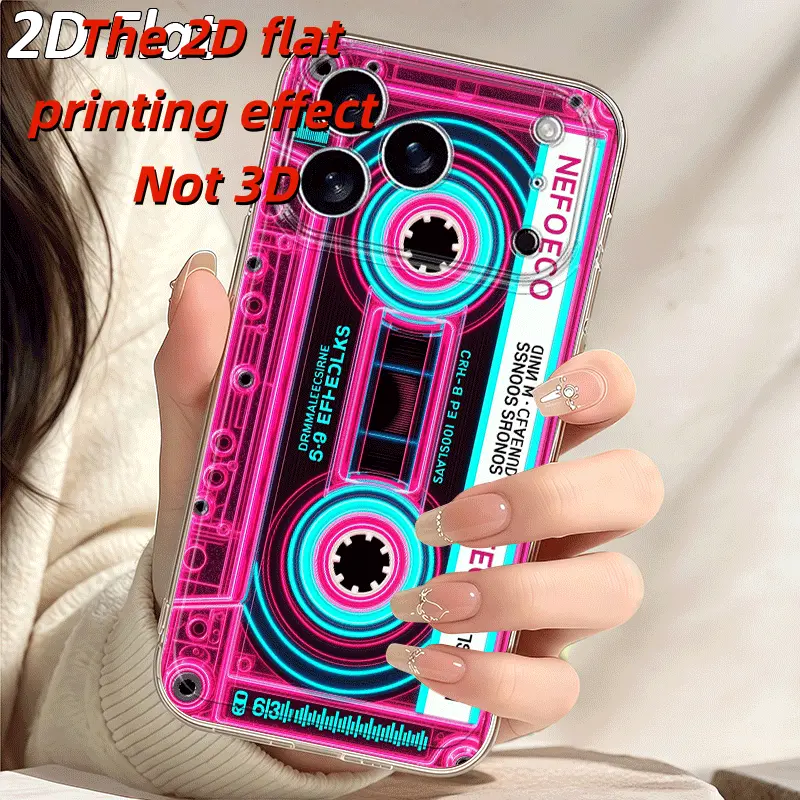 2D Flat Cassette Tape Neon Color Design TPU Case - Transparent Full-Coverage, Minimalist Stylish Soft Smartphone Protection Accessory for iPhone, Galaxy Handheld Devices