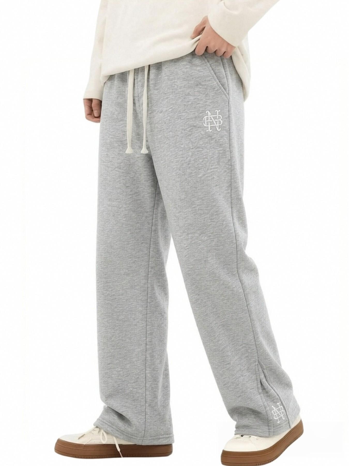 Men's Simple Embroidered Wide Leg Sweatpants, Loose Straight Drawstring Waist Sweatpants Sports Pants, Soft Casual Street Running Pants, Street Style Sweatpants, Fall Winter Wear