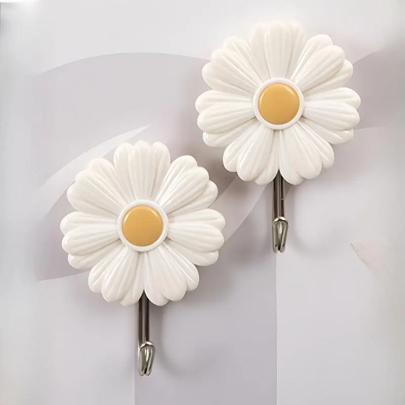 2/4pcs Rustic Daisy Hooks, No-Drill Plastic Wall and Door Back Adhesive Hooks with High Load Capacity, Suitable for Kitchen, Bedroom, Bathroom, Study, Utility Hooks