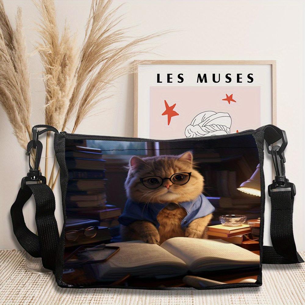 Scottish pleated cat wearing glasses printed shoulder bag, daily messenger bag, cute small bag, perfect for play and leisure activities 6.17