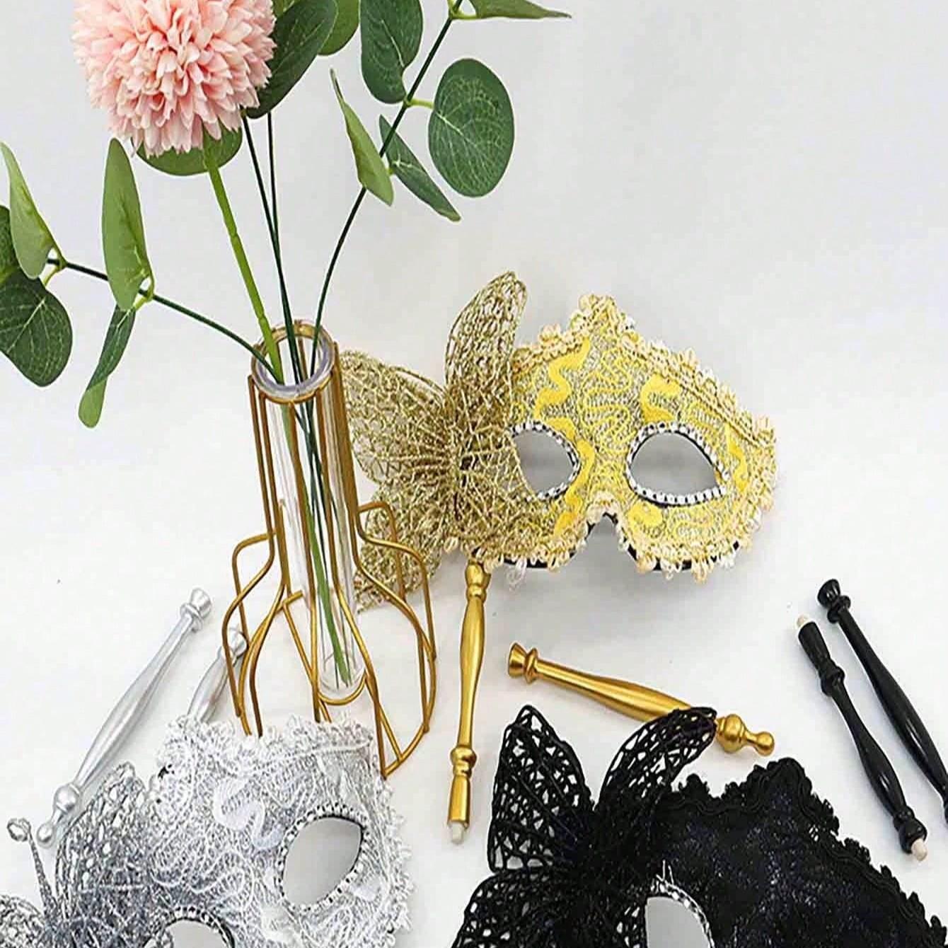 Women's Masquerade Mask Set with Handle, Half Face Floral Party Masks, Fashionable Props for Parties, Festivals, Performances, Valentine's Gift