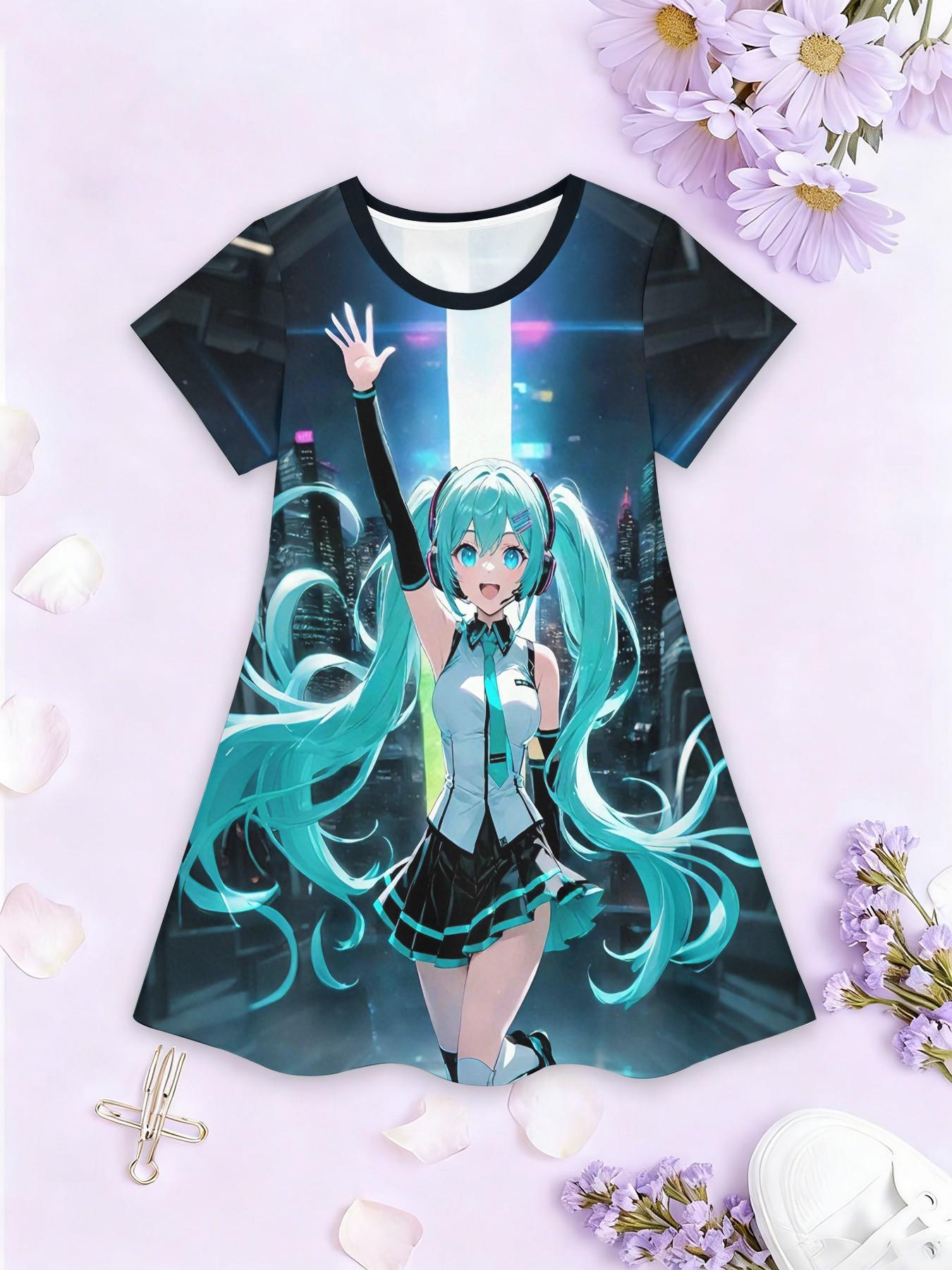 Trendy Girls' Anime Print A-Line Dress, Cute Short Sleeve, Fashionable Outdoor Wear, Perfect Birthday & Holiday Gift