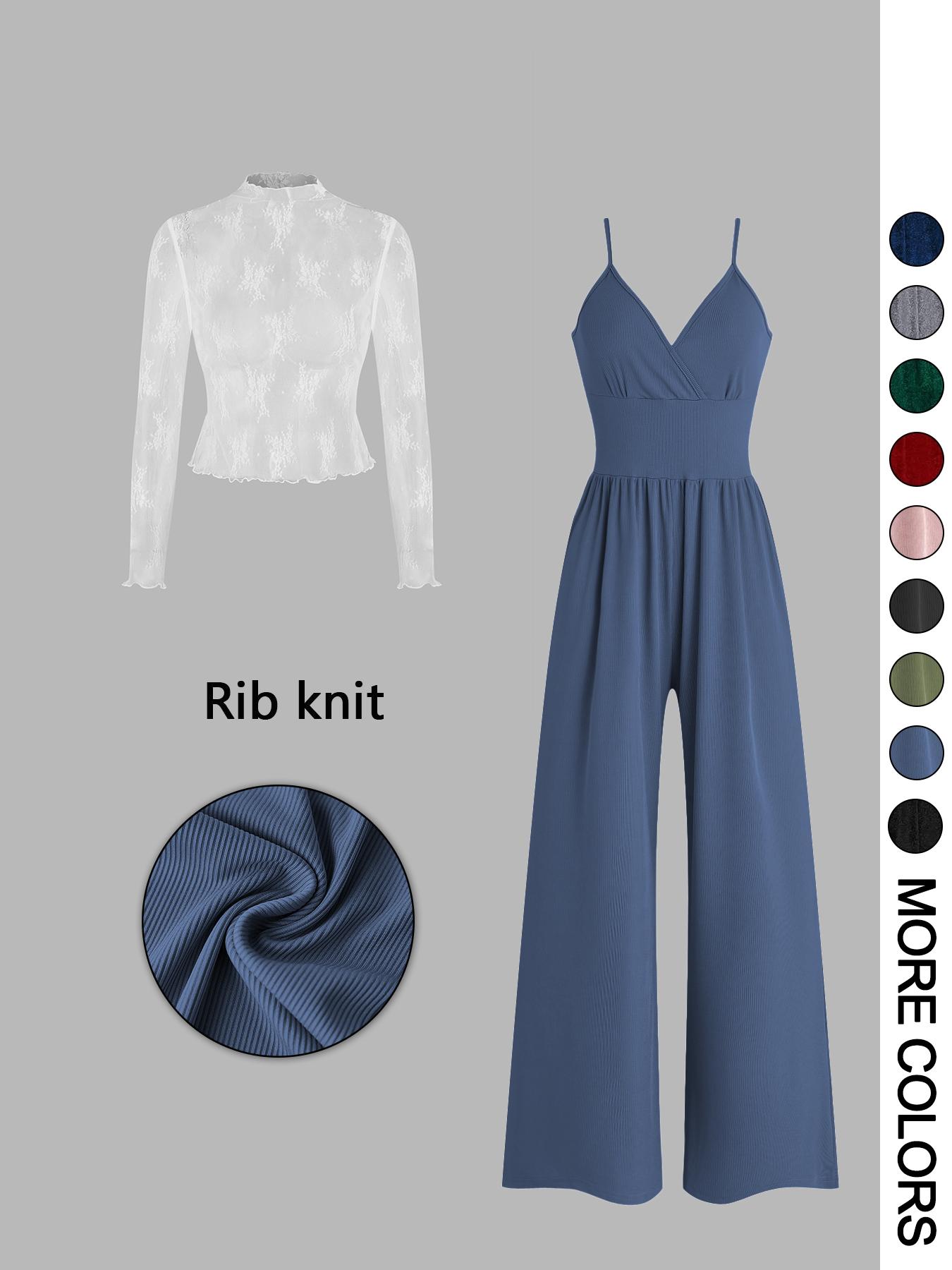 Valentine's Day Women's Solid Color Knitted Lace Tee & High Waist Pocket Jumpsuit Two-piece Set, Elegant Fashion Casual Fitted Zipper Back Cami Jumpsuit & Long Sleeve Top for Daily Outdoor Wear, Women's Clothing for Spring & Fall