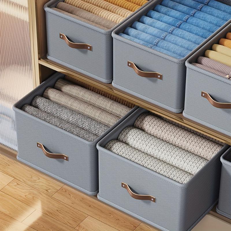A winter closet clothing storage box (with handle), a foldable rectangular basket, a fabric container box for organizing shelves, suitable for the bedroom, Indoor Storage, in gray and beige colors, Clothes Storage Boxes