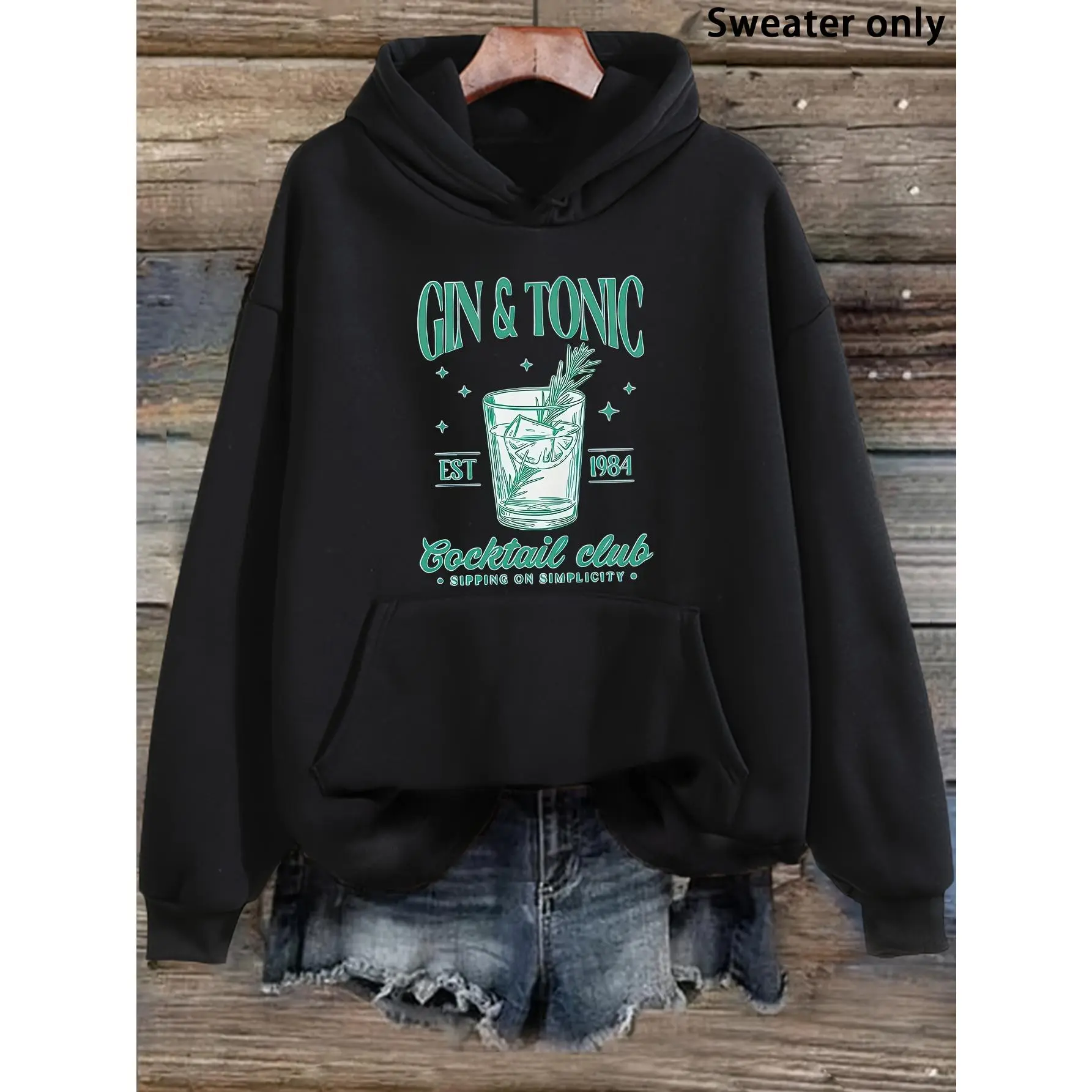 Women's Stylish Hoodie - "Gin & Tonic Cocktail Club" Retro Graphic Pullover Sweatshirt, 1984 Est. Drink Print Hooded Top for Ladies' Daily Wear & Leisure Hangouts