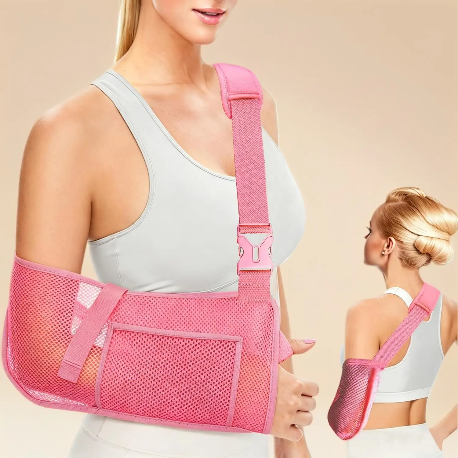 Mesh Arm Sling Shoulder Immobilizer,Breathable&Adjustable Support Brace for Rotator Cuff Injury,Reversible Left Right Arm,Elbow Wrist Clavicle Fracture Sprain Recovery for Men Women(Pink,Medium)