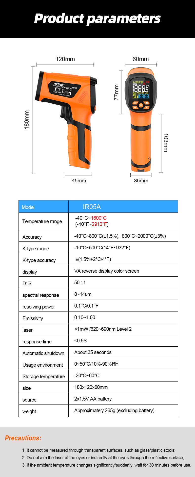Mestek Infrared Thermometer -40°F ~2912°F,-40~1600℃ High Temperature Meter 50:1 Industrial Dual Laser Digital Thermometer with Temperature Probe