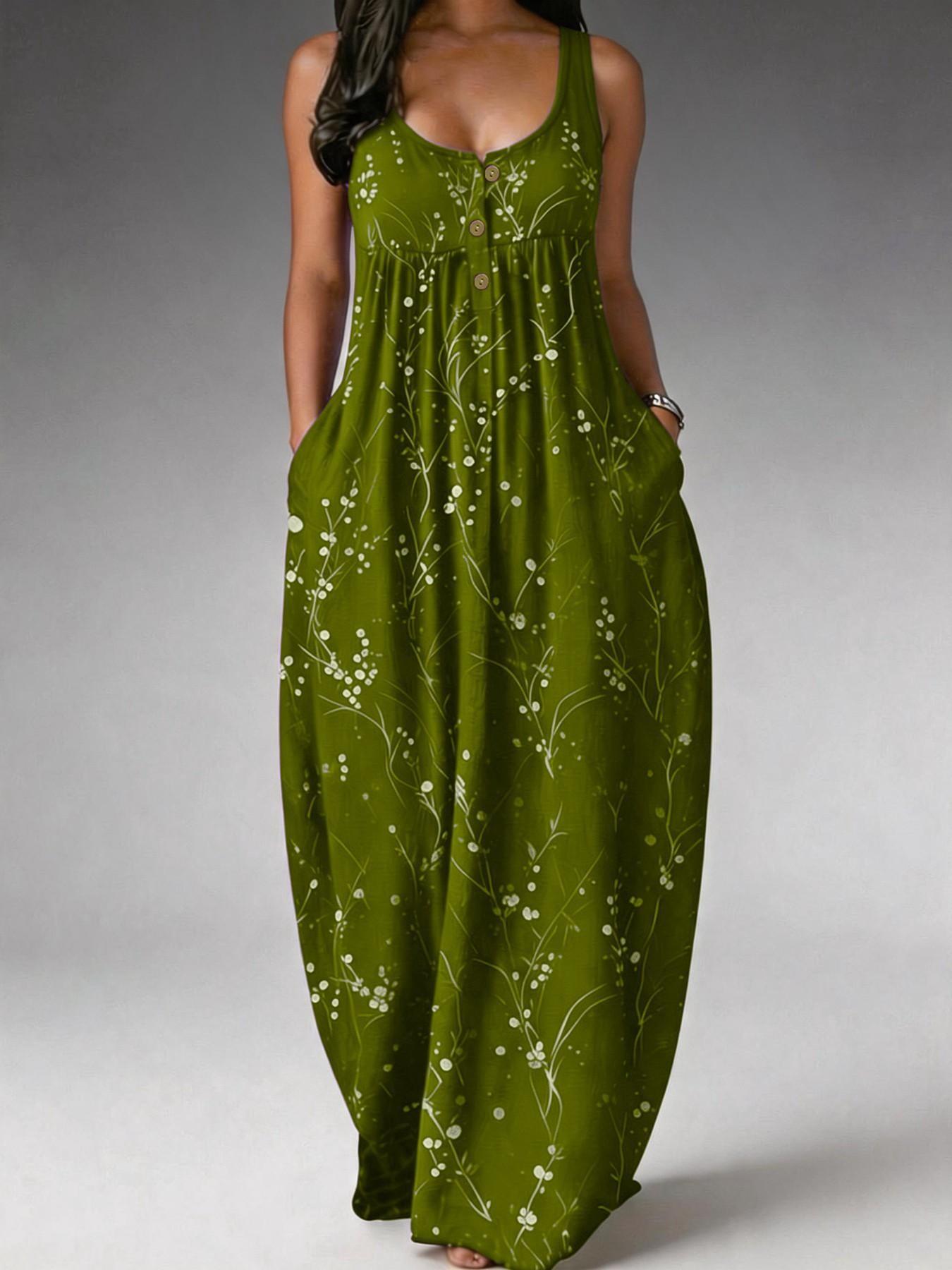 Elegant Plus Size Women's Dress, Loose-Fit Floral Branch Print, Fashionable Chic Sleeveless Long Dress