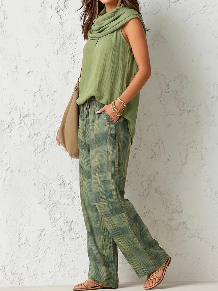 Women's High-Waisted Loose-Fit Contrast Color Plaid Pockets Polyester Bottoms, Casual Wear Pants, Trousers