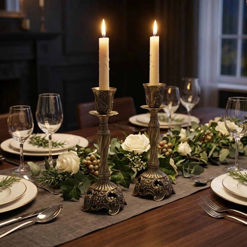 2 Piece Vintage Bronze Candle Holders, 7.4 Inch European Vintage Metal, Centerpiece for Shabbat, Wedding, Christmas, Halloween, Elegant Home Decor