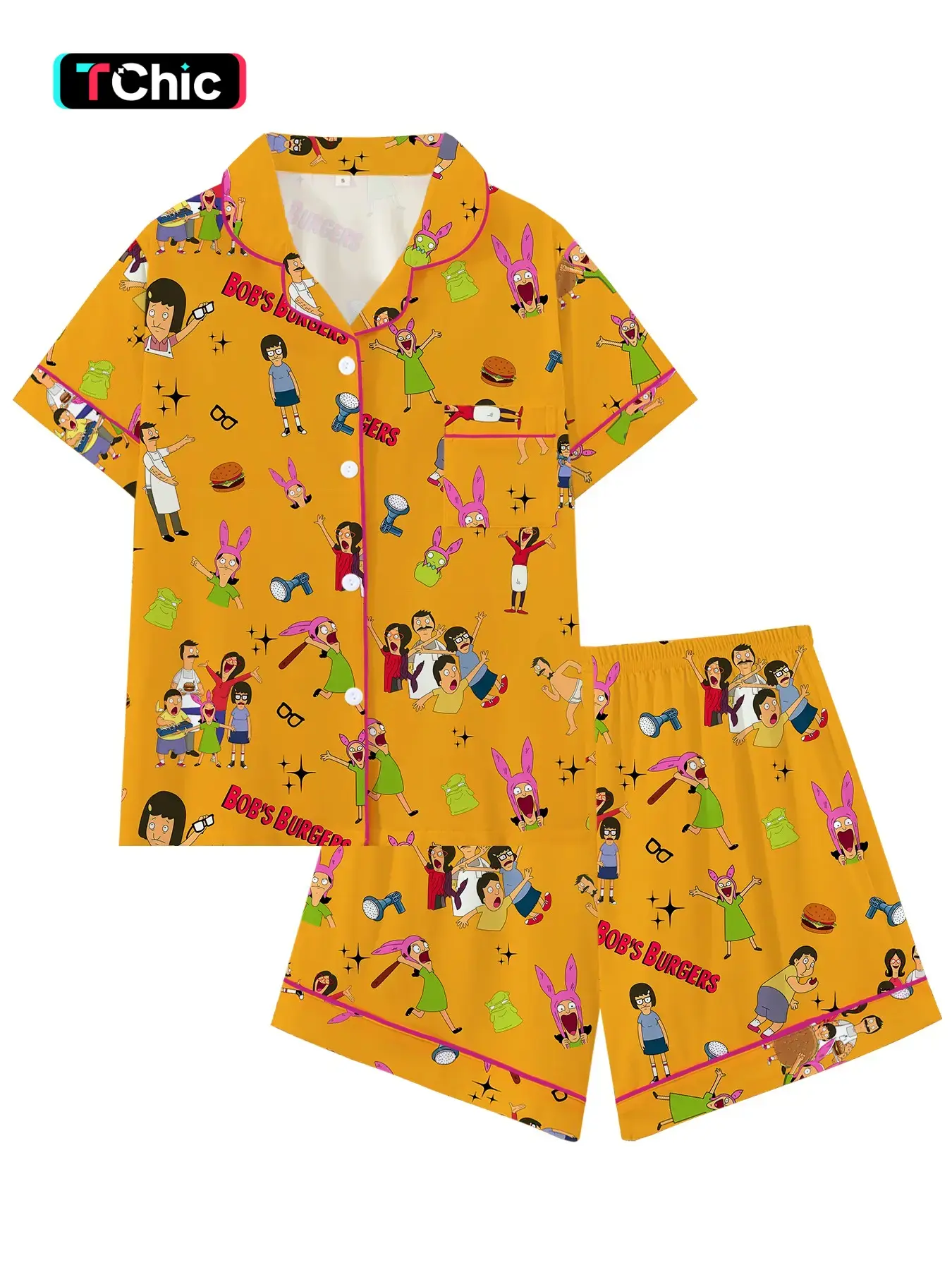 Bob's Burgers Family Cute Collared Short-Sleeve Pajama Set Pyjamas Pjs, Pajama Outfit, Comfortable Sleepwear for All Seasons, Everyday Party-Style Loungewear Homewear Gift