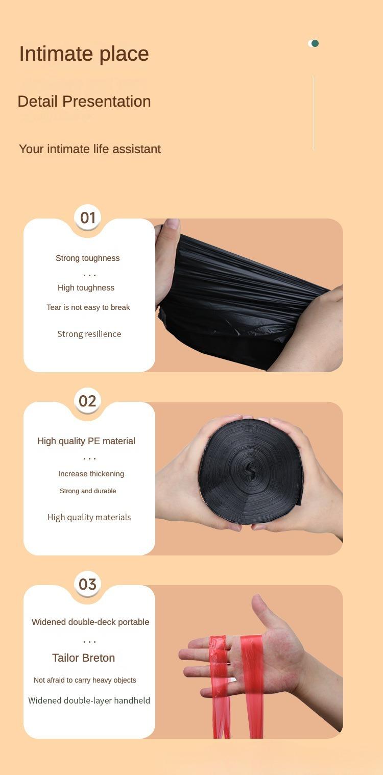 120 Drawstring Garbage Bags. Suitable for home use in the living room, kitchen, toilet, and courtyard. These are thickened and weighted, handheld large-sized garbage bags with an automatic drawstring closure. They are black plastic bags for household