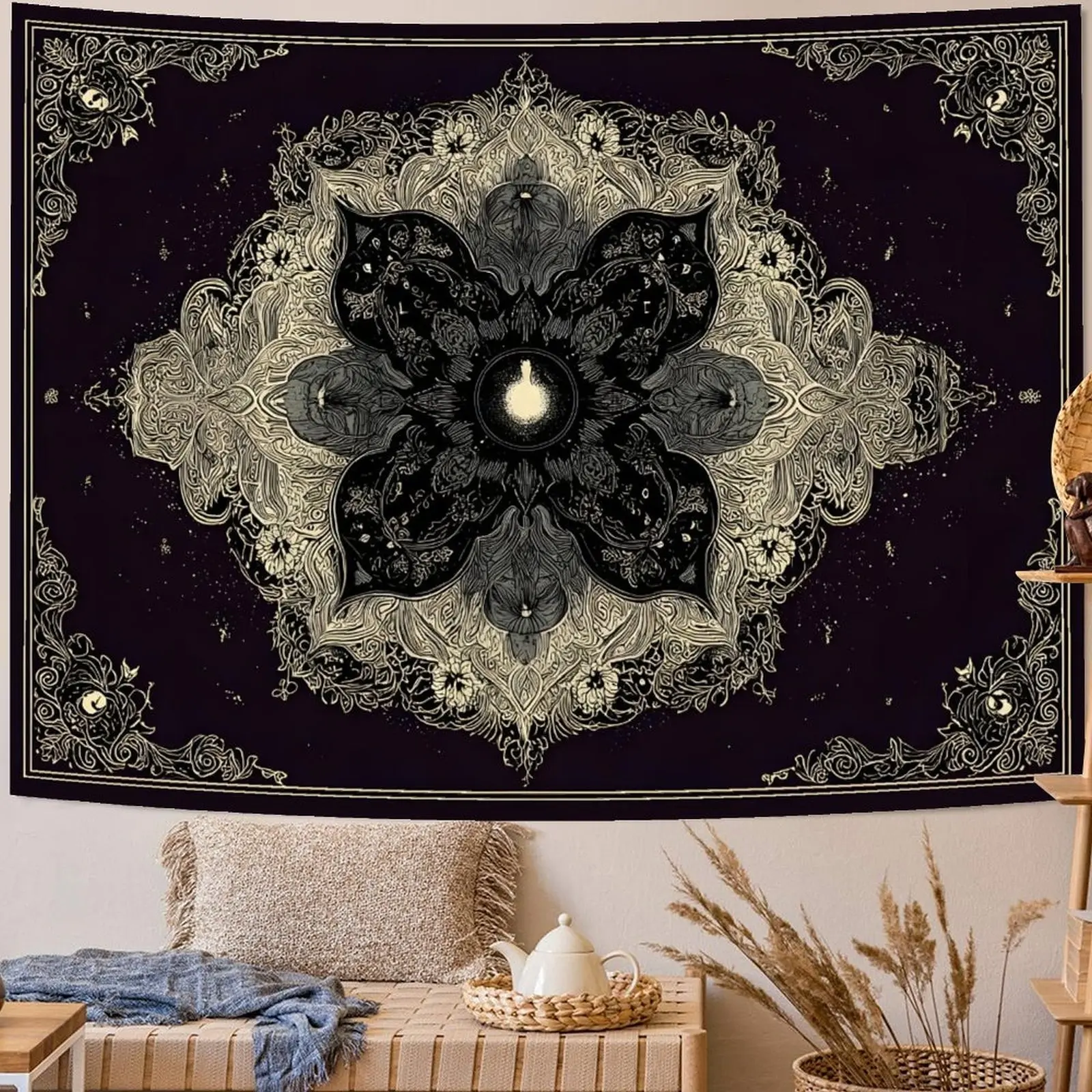 Boho Mandala Moon Tapestry Wall Hanging for Bedroom Aesthetic Room Decor Vintage Black Tapestries for Living Room Wall Art Home Decor Trending TikTok Home Finds