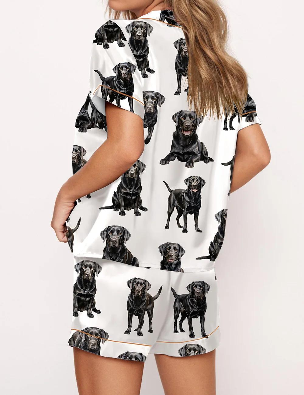 Black Labrador Doggy Pajama Set For Women Print Comfy Satin Sleepwear & Loungewear Pjs Printing Silky Short Sleeve Top & Shorts - SHESHOW