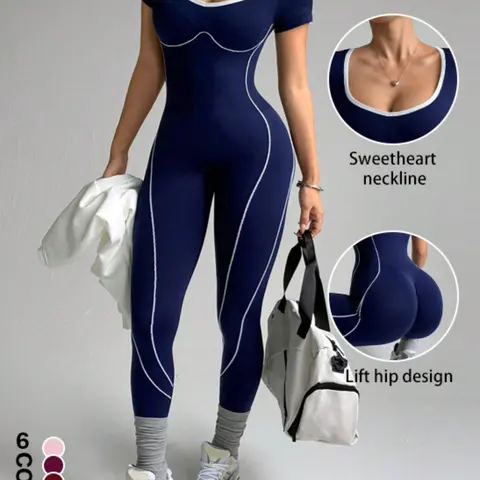 Women's Spring Summer Colorblock U-Neck Back Letter Trim Short Sleeve Yoga Jumpsuit, High Stretch Knit Running Fitness Pants, Stretchy Sports Jumpsuit