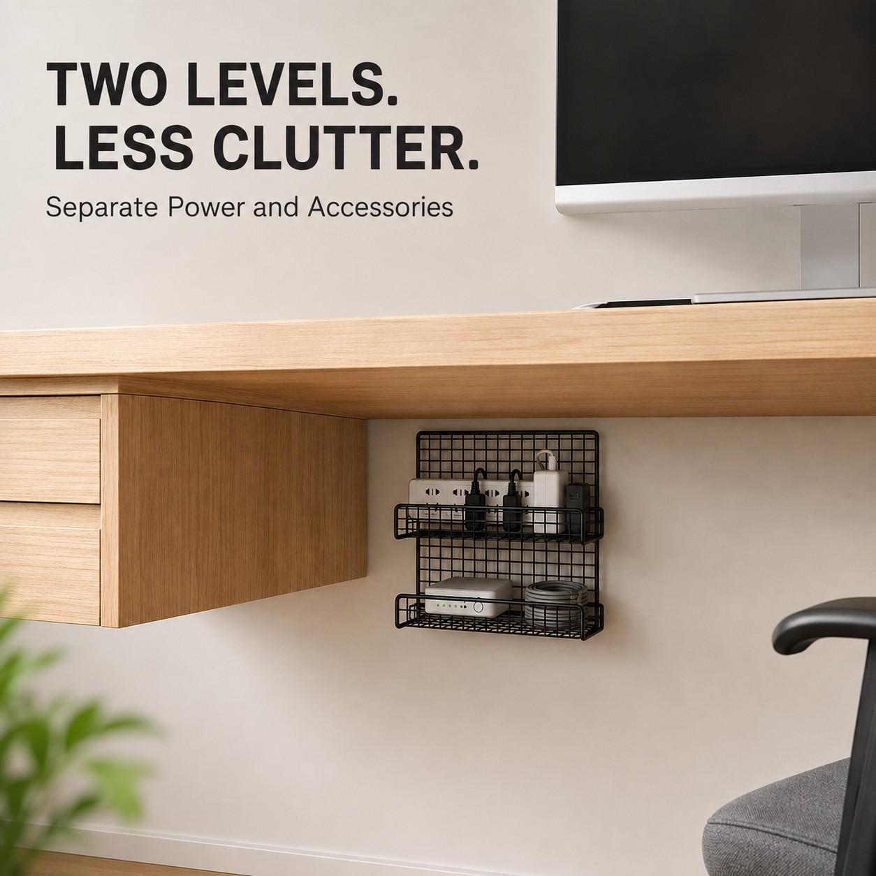Wall-Mounted Desktop Cable Organizer, No Drilling Installation, Power Outlet & Adapter Holder, Metal, Home Office, Gaming Desk