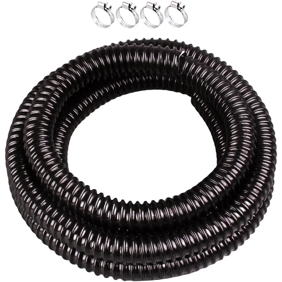 Pond Hose ID 1-1/2”x 10ft Flexible PVC Corrugated Pond Tubing Black Kinkproof Strong Flex Tubing for Garden Ponds, Waterfalls, Filters & Drainage,with 4 Clamps.
