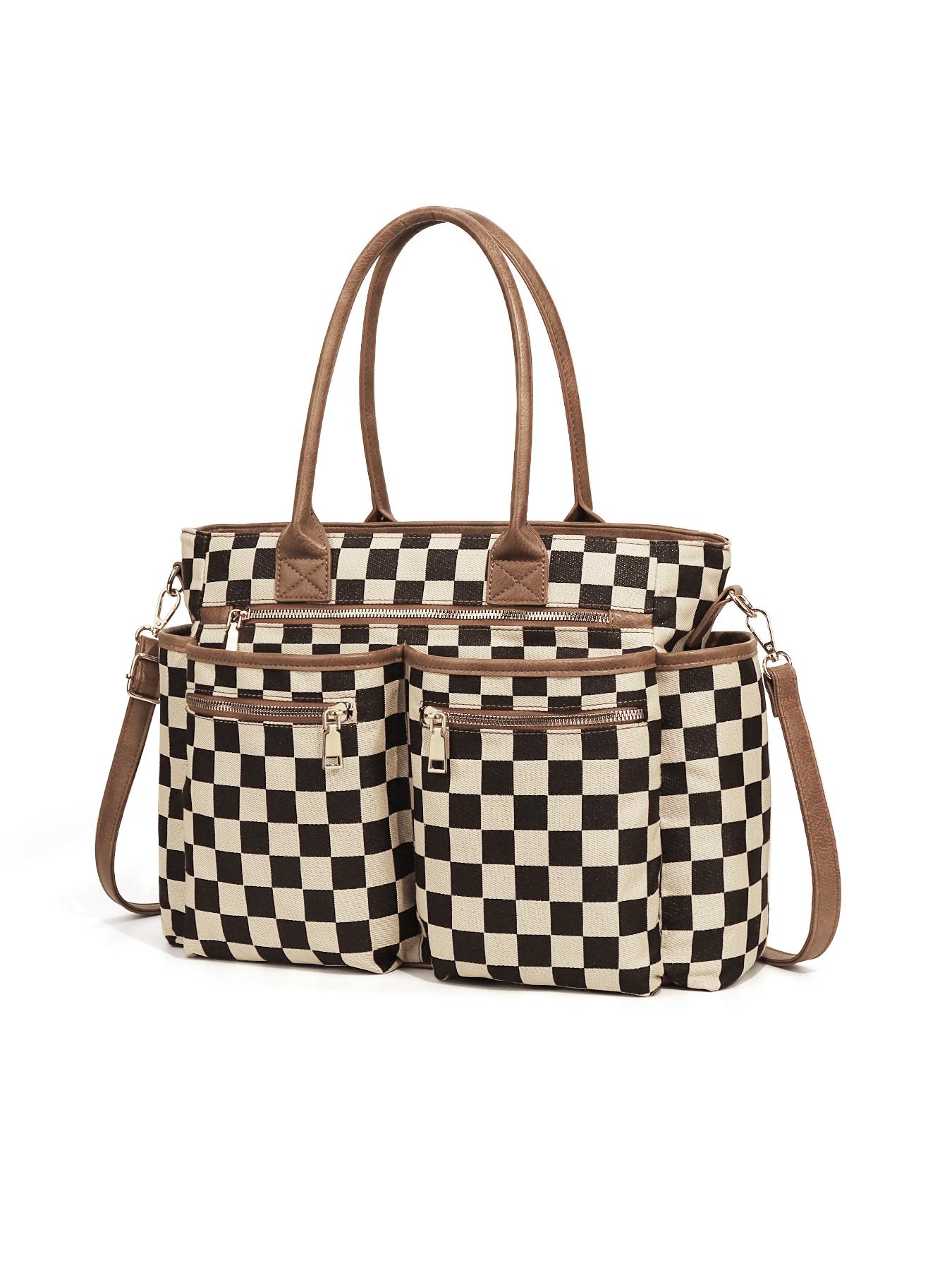 Women's Checkerboard Pattern Zipper Crossbody Tote Bag, Large Capacity Multi-Pocket Design Portable Shoulder Bag For Daily Used, Girl Fashionable Shopping Bag