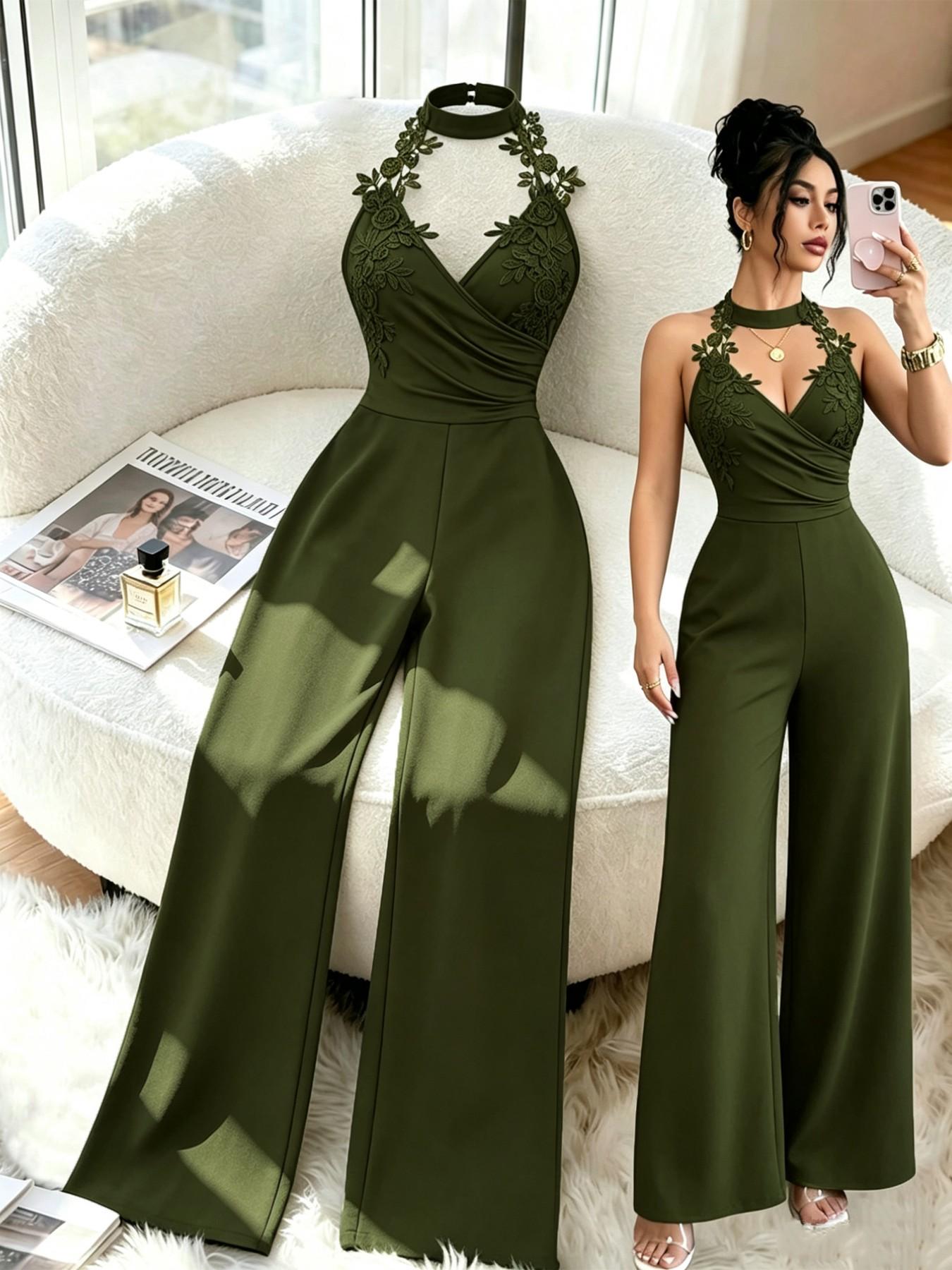 Floral Lace Halter Deep V Cross Back High Waist Bodycon Pants, Sexy & Elegant Design for Dates & Parties, Perfect Fit for Special Occasions