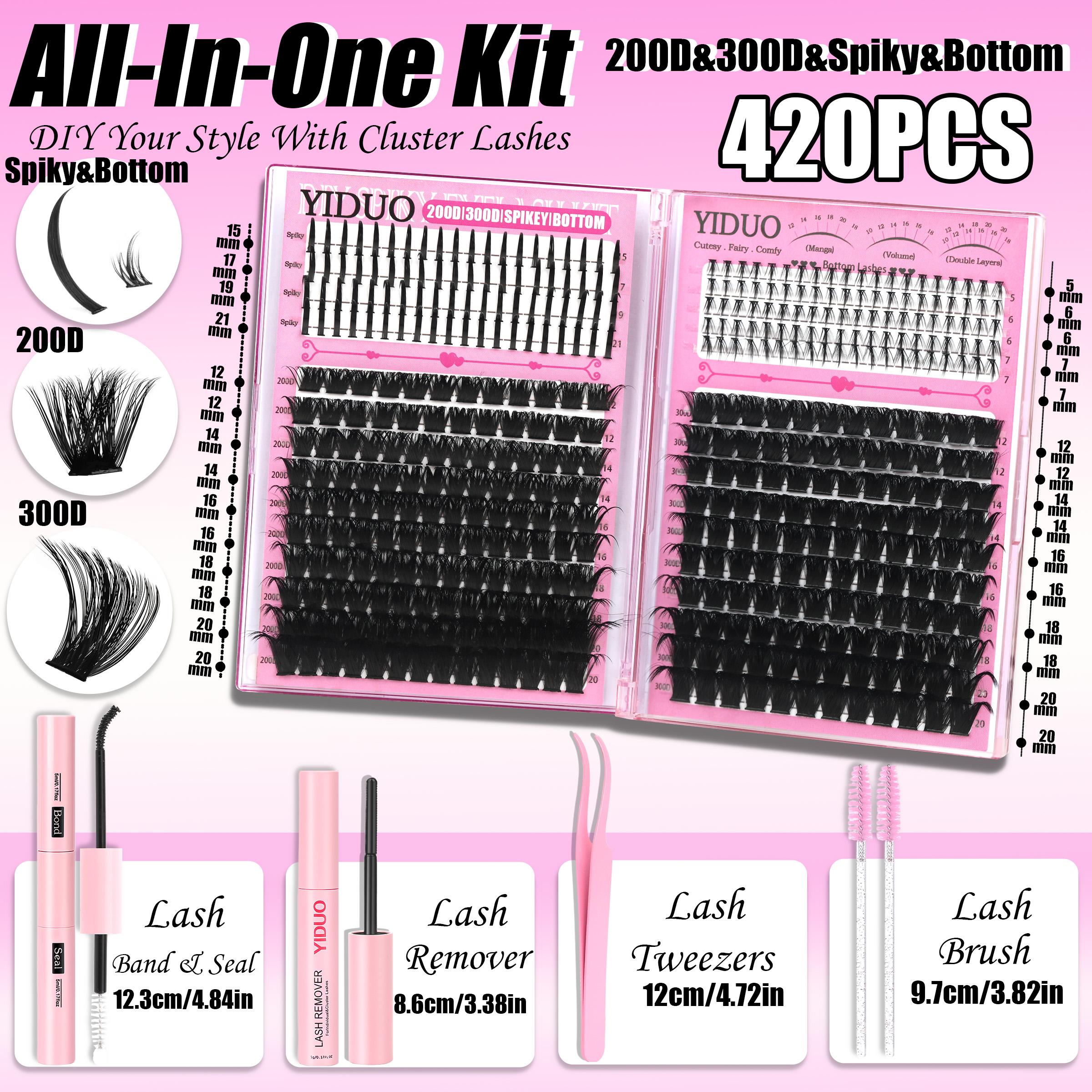 420Pcs Eyelash Cluster Kit Bottom/Spiky/200D/300D Volume Lash Clusters Kit 5-20mm Volume D-Curly Eyelash Extensions Kit with Lash Bond and Seal Tweezers Remover Eyelash Glue Tweezers DIY at Home Easily