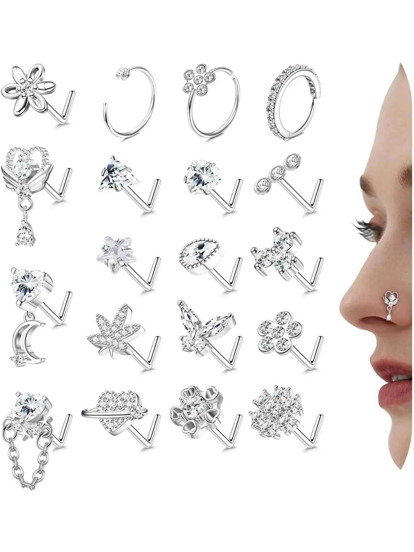 20G Nose Rings Set L Shaped Nose Stud Piercing Jewellery for Women Hypoallergenic Stainless Steel Nose Stud Screws with Cubic Zirconia