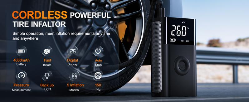 Nilight Portable Air Compressor Battery Rechargeable 12VDC 150PSI Cordless Auto Shutoff  Gauge 2X Faster Inflation Air Pump for Car Motorcycle Vehicle Automotive Wireless Tire Inflator Tyre Inflator