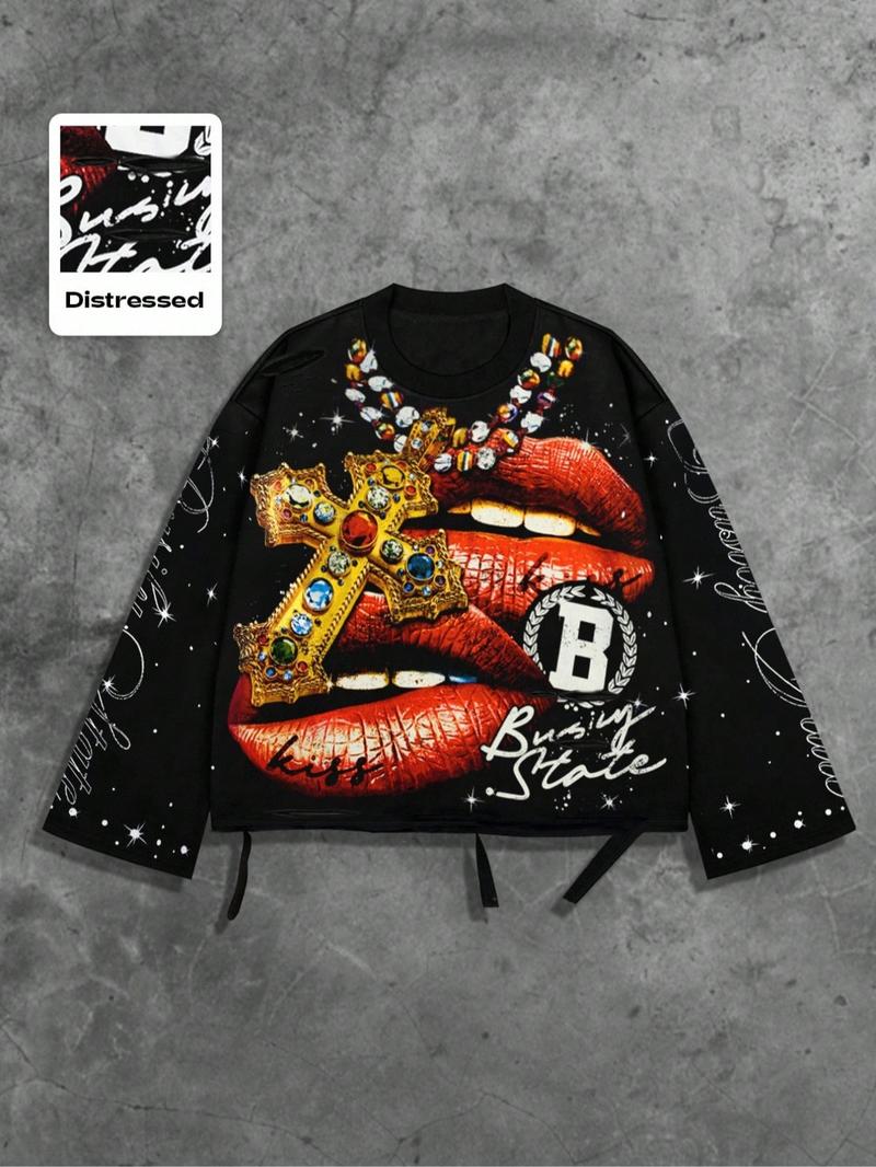 Men's Vintage Street Style Saint Print Long Sleeve Round Neck T-Shirt, Loose-Fitting Short Fit, Fall 2000s Fashion