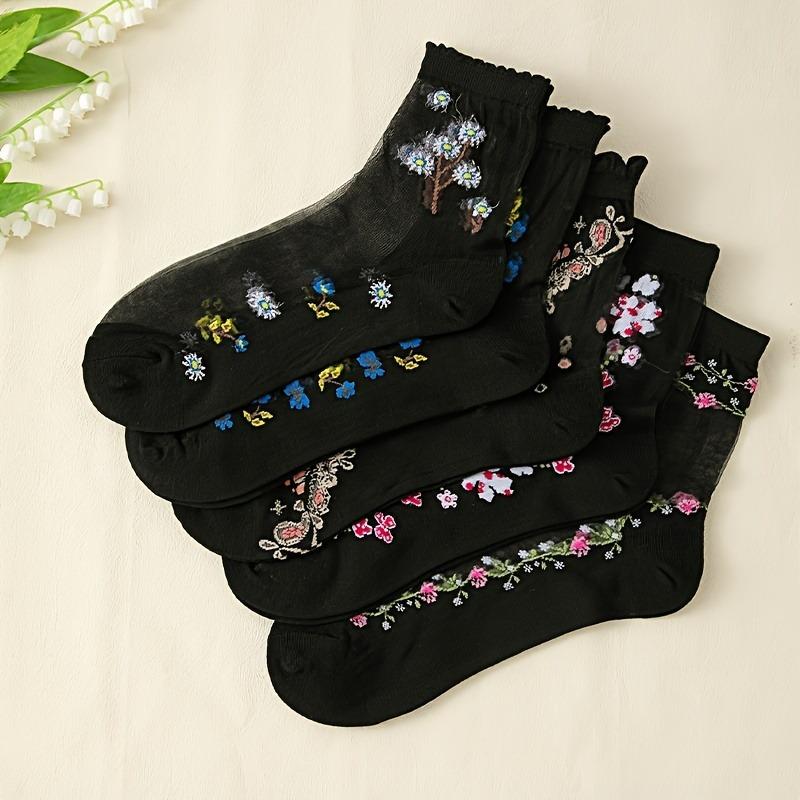 Vibrant Floral Patterned Glass Socks - 10 Pairs of Soft, Breathable Mid Tube Socks for Women - Comfortable Casual Attire, Work, or Special Occasions