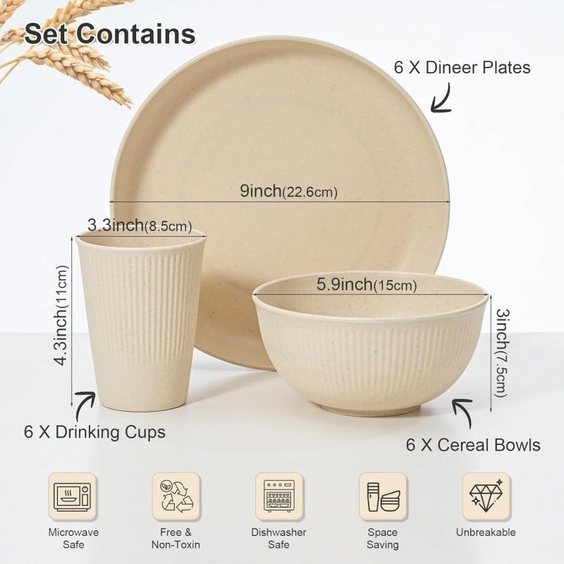 18-Piece Wheat Straw Cutlery Set, Durable Kitchenware, Dishwasher & Microwave Safe, Salad Plate, Cereal Bowl, Travel Camping Utensils, Tableware Set