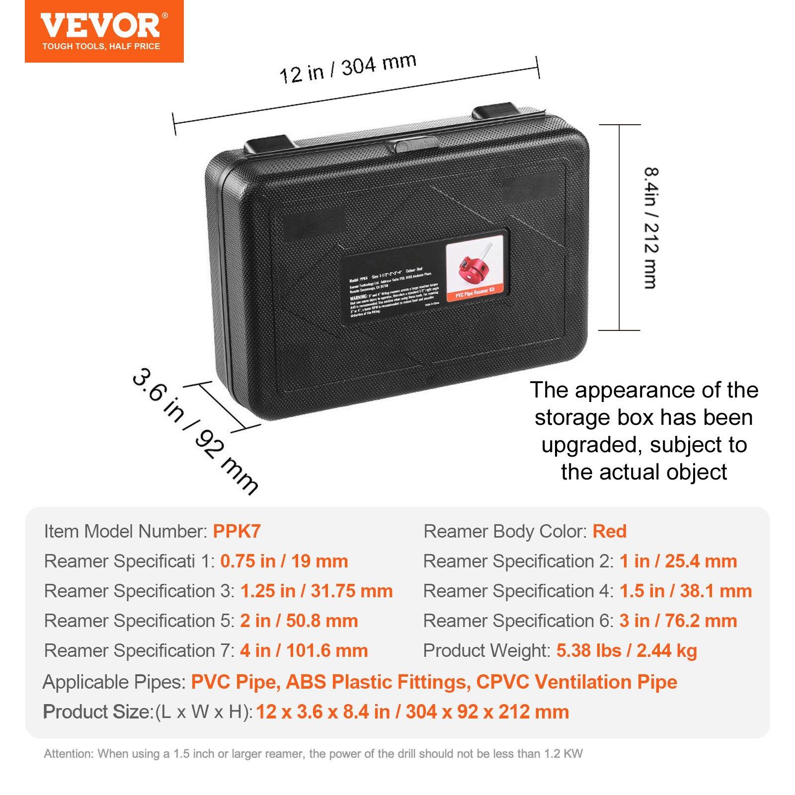 VEVOR 7Pcs PVC Pipe Reamer Kit, Plastic Pipe Fitting Socket Saver Kit, Includes 3/4", 1", 1-1/4'', 1-1/2", 2", 3", 5'', for PVC, CPVC, and ABS Fittings, for Exhaust, Drain, Water Pipes Cleaning