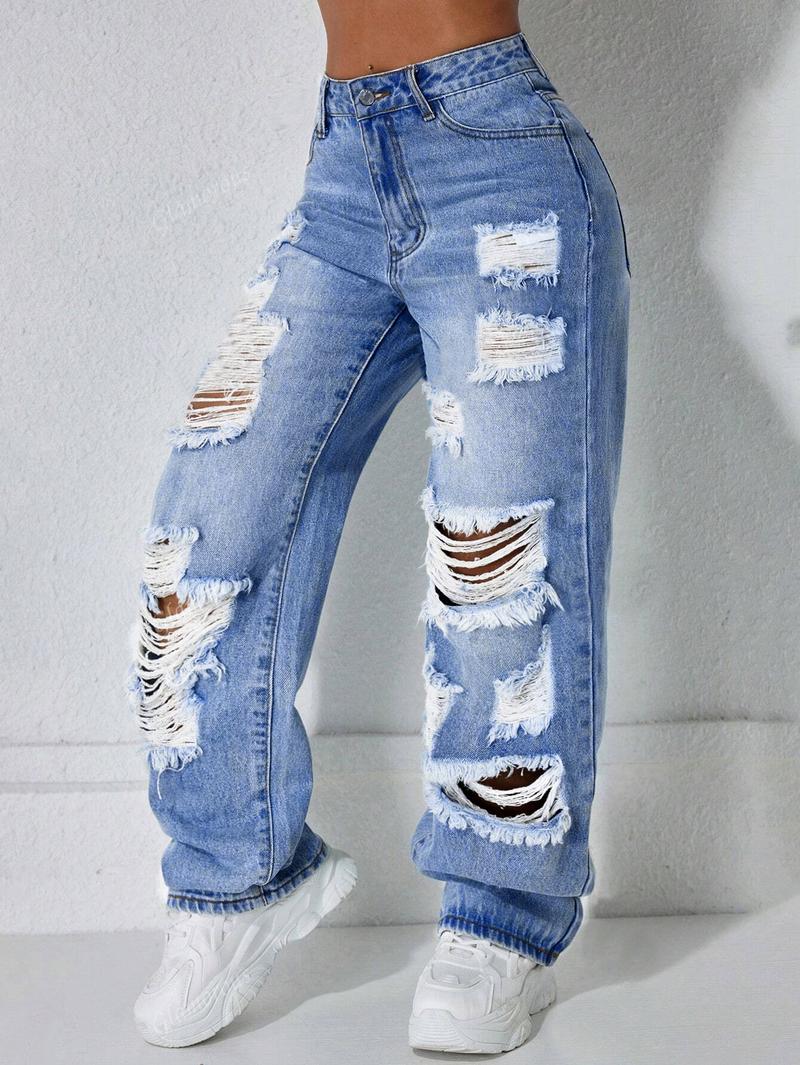 Elegant Fashion Street Style High Waist Ripped Denim Jeans, Spring Summer Fall Women's Loose Straight Leg Pants, Trendy Casual Wear
