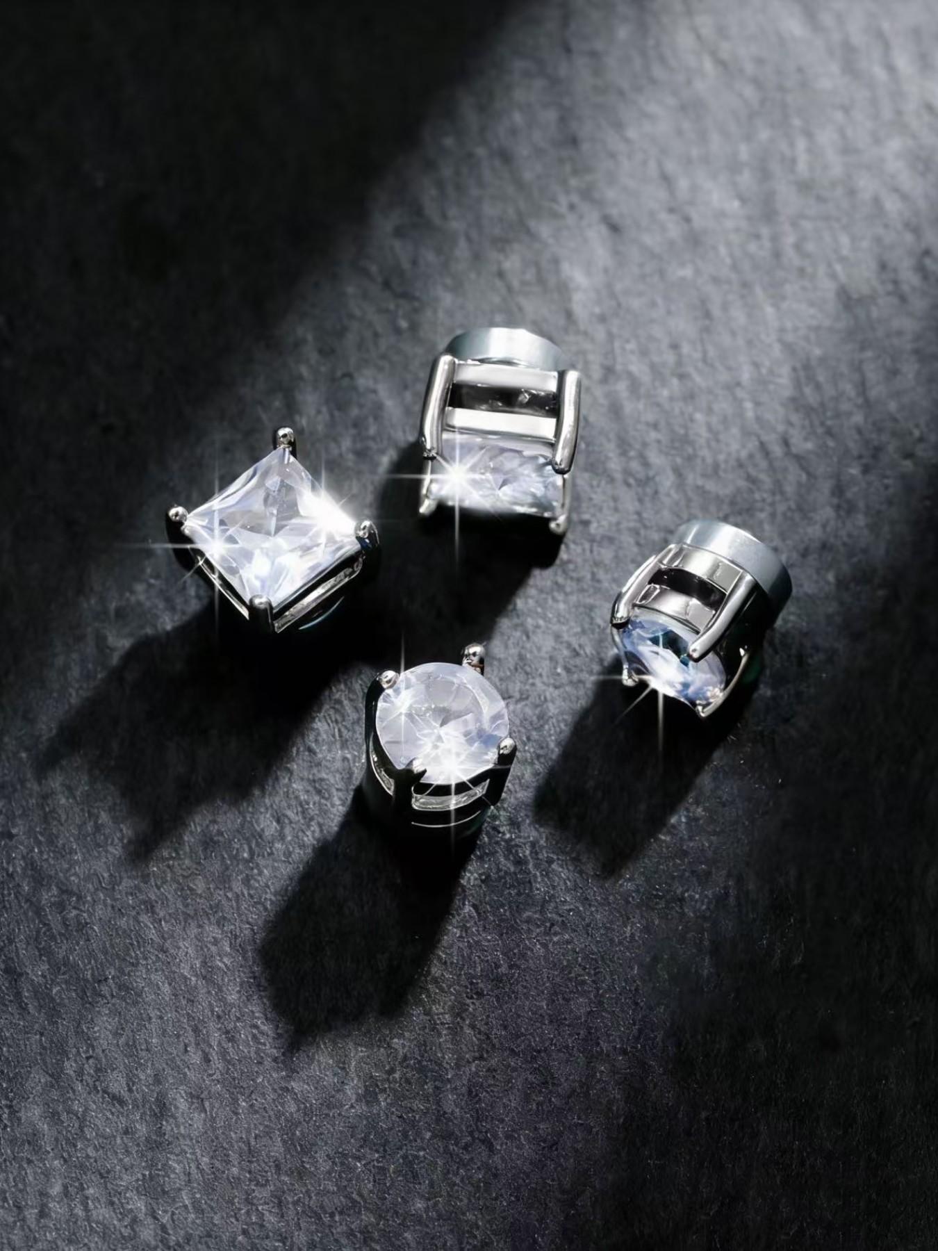 4pcs Simple Stainless Steel Cubic Zirconia Ear Clips, Sparkling Zirconia Magnetic Design Unisex Jewelry Set, Perfect Gift for All Seasons
