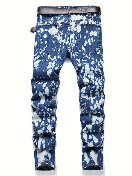 Men's Fashion Casual Splash Ink Slim-Fit Jeans, Slim-Fit Street Style Jeans. The fabric is comfortable, featuring a mid-rise button closure (belt not included), suitable for men's daily wear.