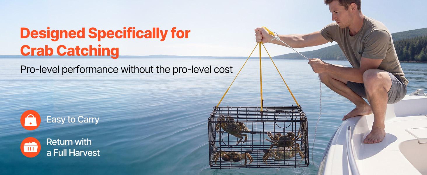 VEVOR Crab Trap, 2 Packs, 24.4x24.4x11.8 inch Heavy Duty Large Crab Pot Trap for Dungeness, Black PVC Coated Wire Mesh for Stealth, with Gauge, Red/White Float, 100ft Leaded Core Rope, and Gloves