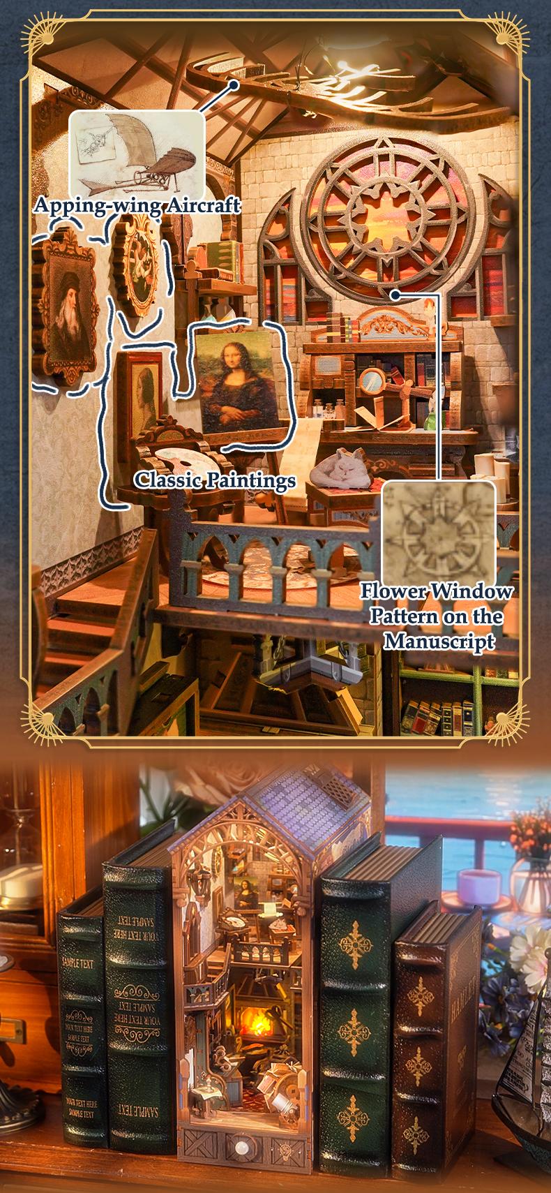 Tonecheer DIY Book Nook Kit for Adults, 3D Wooden Puzzle Bookend Miniature House Kit, Booknook Bookshelf Insert Decor with Dust Cover and LED Lights Gifts (Leonardo da Vinci)