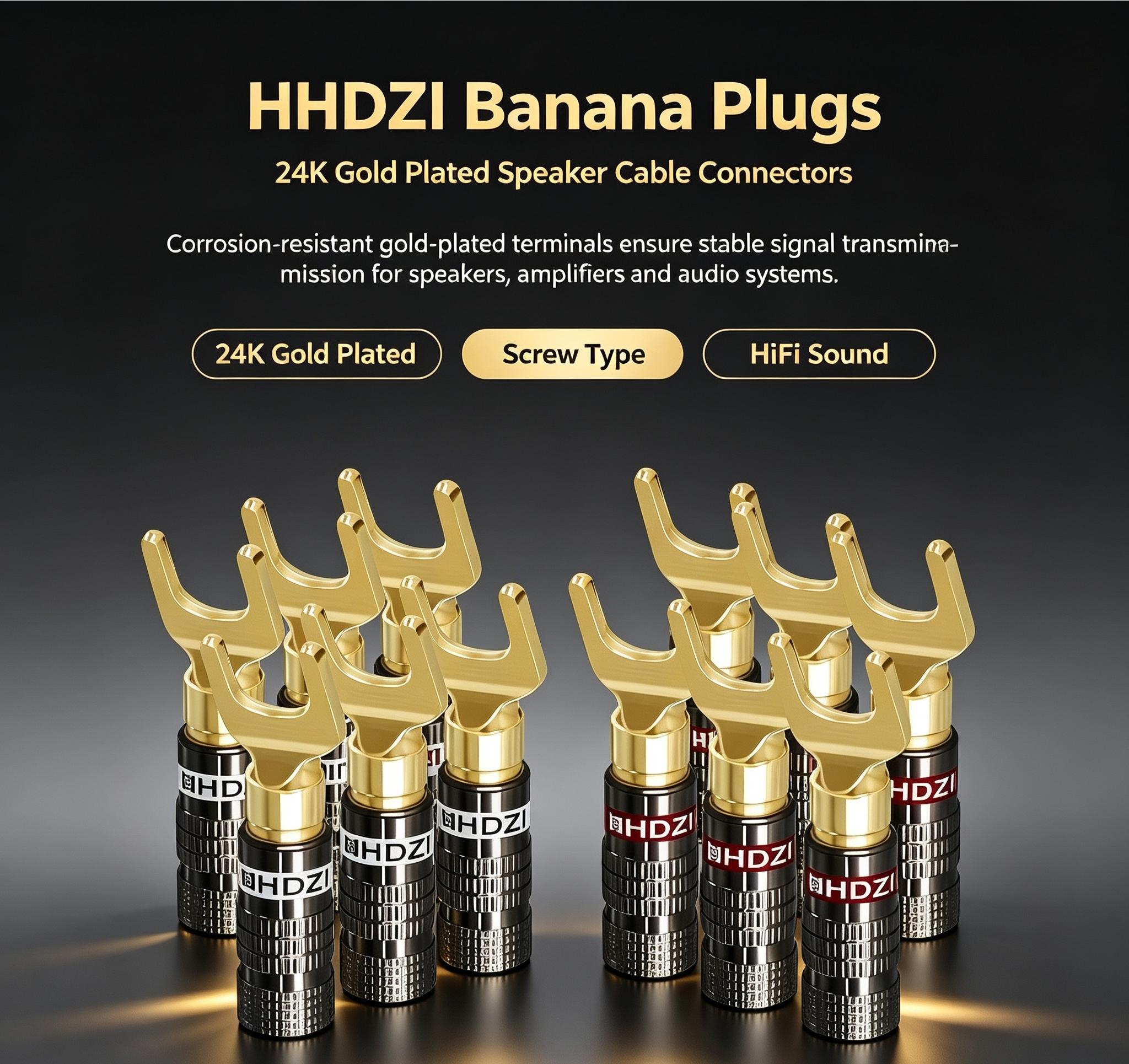 24k Gold Plated Y-Type Audio Banana Plug, High Conductivity, Secure Connection, Ideal for Amplifiers, Hi-Fi Systems, Home Theater