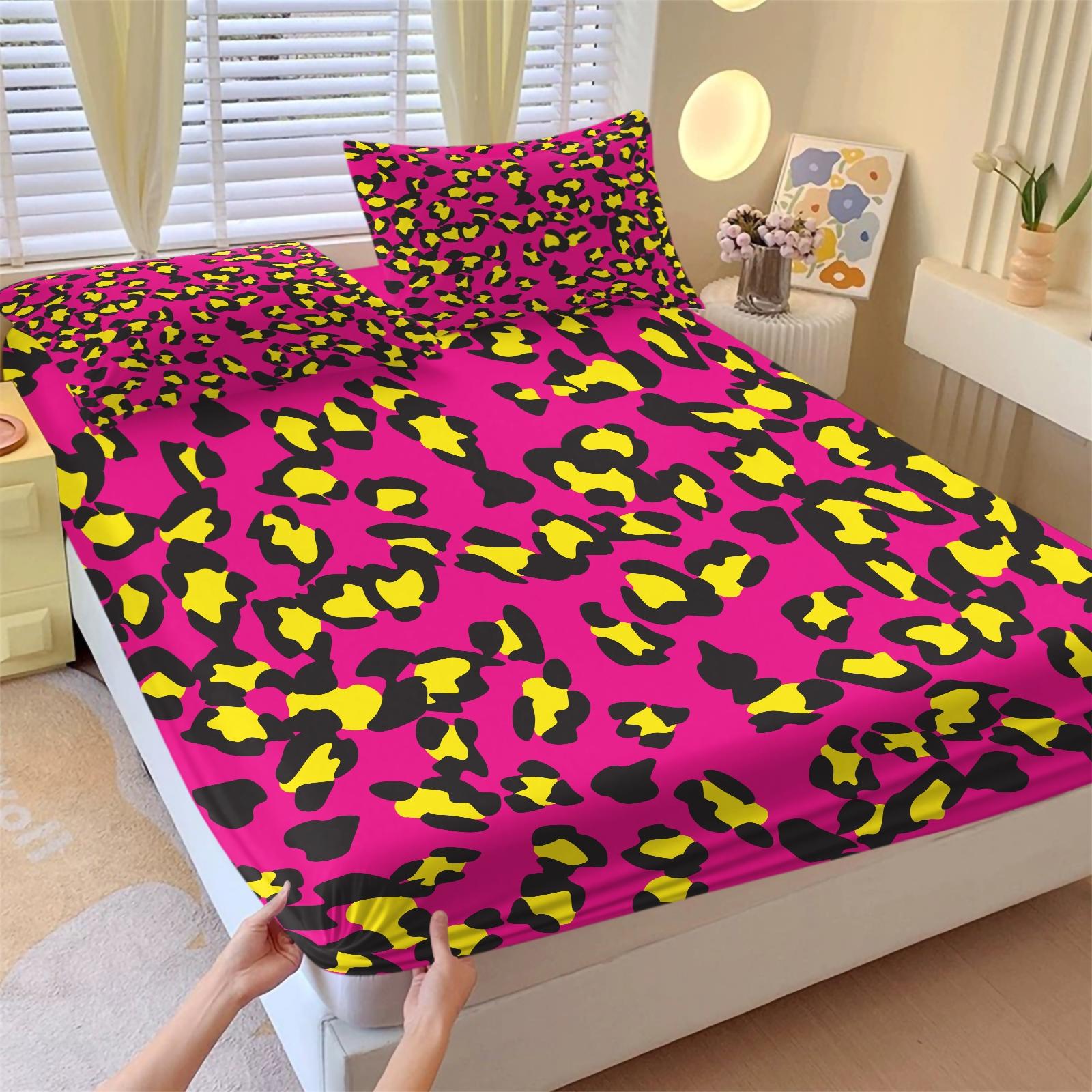 3-Piece Set Cute Leopard Print Bedding Set, Bed Sheet Sets, Decorative Bedsheet Sets, Includes 1 Fitted Sheet and 2 Pillowcases, Home Hotel Room Decor, Bedroom Decoration, Perfect Gift