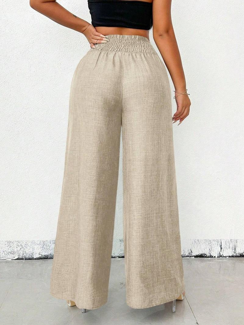 A pair of women's solid-color zipper-enclosed high-waisted stretchable loose-fitting slimming wide-leg trousers that are versatile and suitable for all occasions.