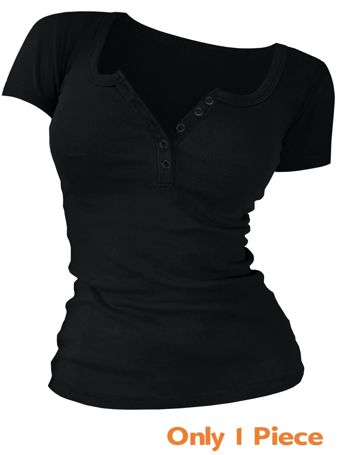 Women's Solid Color Button V-Neck Casual Basic Short-Sleeve T-Shirt, Summer Daily Wear, Ladies Clothes, Tops