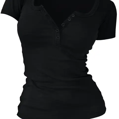 Women's Solid Color Button V-Neck Casual Basic Short-Sleeve T-Shirt, Summer Daily Wear, Ladies Clothes, Tops