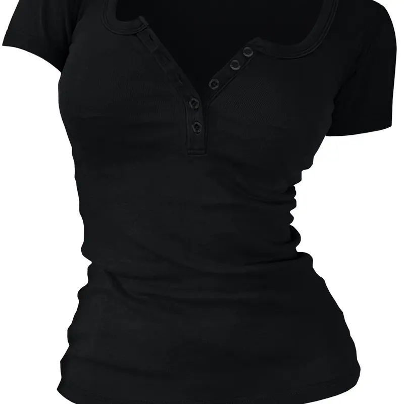 Women's Solid Color Button V-Neck Casual Basic Short-Sleeve T-Shirt, Summer Daily Wear, Ladies Clothes, Tops