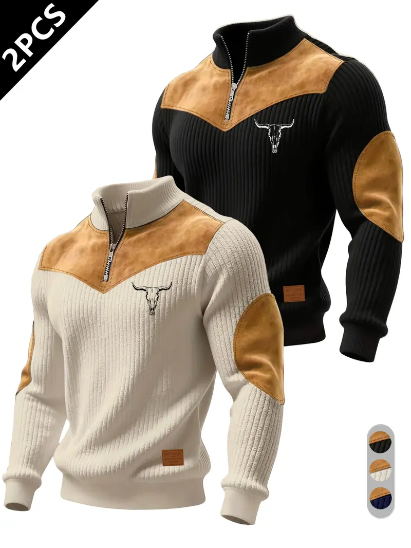 Men's Half-Zip Stand Collar Knit Top, Suede Texture Shoulder Patches, Bull Head Print, Slim Fit, Retro American Style, Casual Wear, Knitwear Men's Half-Zip Stand Collar Knit Top, Suede Texture Shoulder Patches, Bull Head Print, Slim Fit, Retro American Style, Casual Wear, Knitwear