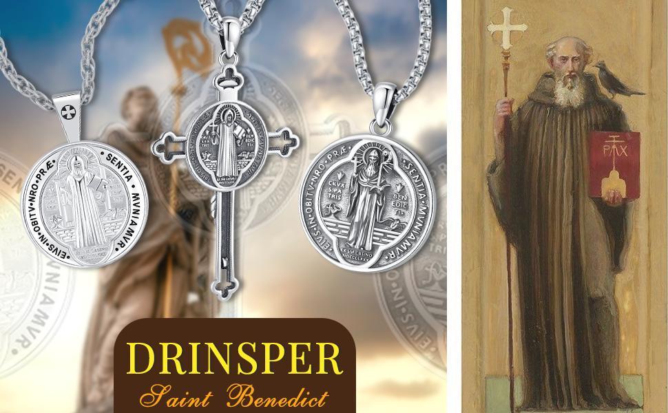DRINSPER Saint Benedict Cross Necklace 925 Sterling Silver San Benito Pendant Necklace, Pardon Crucifix Necklace, Religious Jewelry for Men Women
