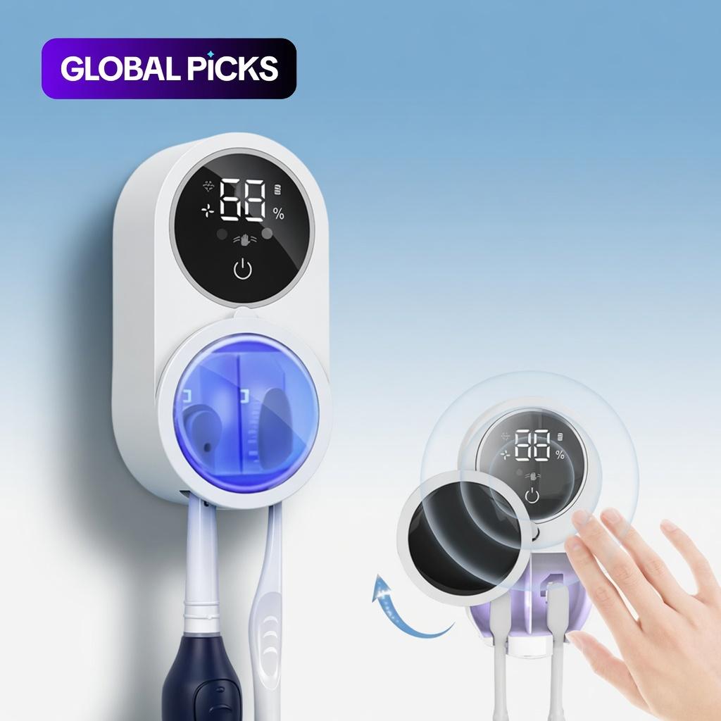 UV-C Light Sanitizing Wall-Mount Toothbrush Holder, Compact & Lightweight Durable ABS Bathroom Accessory with USB Charging Stand, Auto Sense, Rechargeable LED Screen, Automatic Dispenser, Portable for Travelers, Sanitizes Brushes